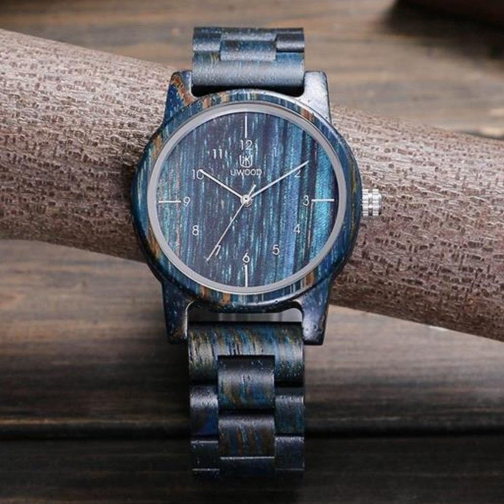 New Mens Luxury Blue Wooden Watch